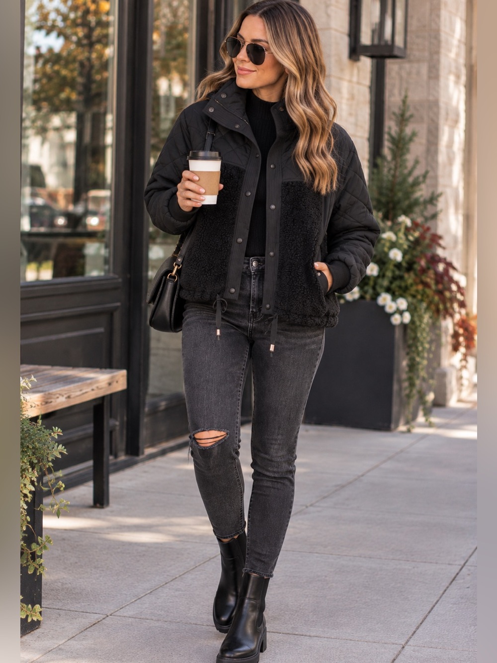 Blank NYC Jacket Second Wind Puffer Black Quilted Faux Sherpa